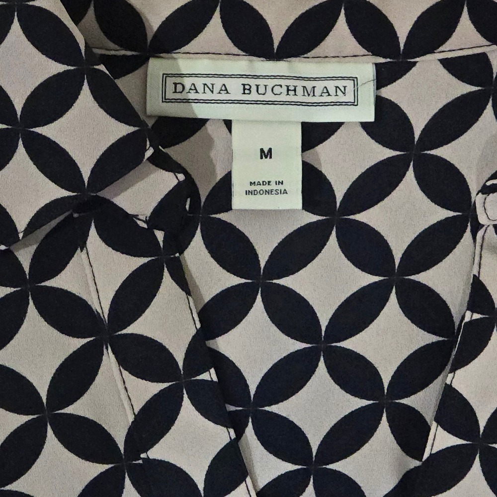 Dana Buchman Womens Black Cream Geometric Medallion Roll Tab Button Up Blouse M - Picture 2 of 6